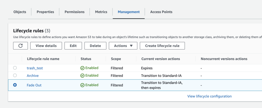 S3 Console screenshot showing Management lifecycle rules